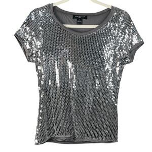 August Silk Knits Gray Silver Sequin Short Sleeve Women’s Top Size Medium